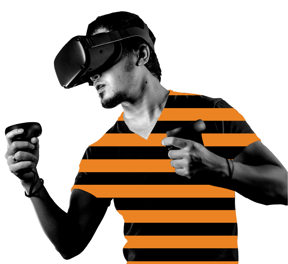 Man operating a virtual reality headset and handheld controllers
