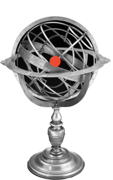 A spherical mechanical device with concentric rotating bands on a pedestal