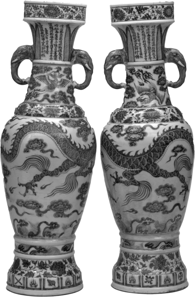 Two white ceramic vases ornately painted with dragons, flowers, and Chinese writing