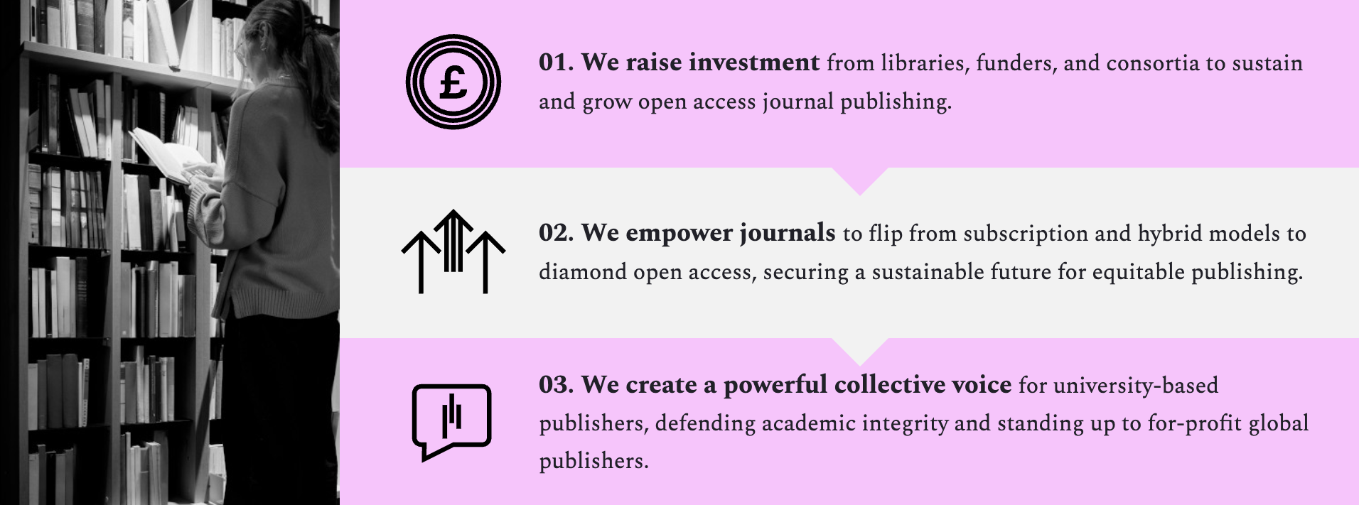 Three points about supporting open access publishing for publishers: 1) Raising investment for sustainable journal publishing, 2) Empowering journals to transition to open access, 3) Creating a collective voice to defend academic integrity and challenge for-profit publishers