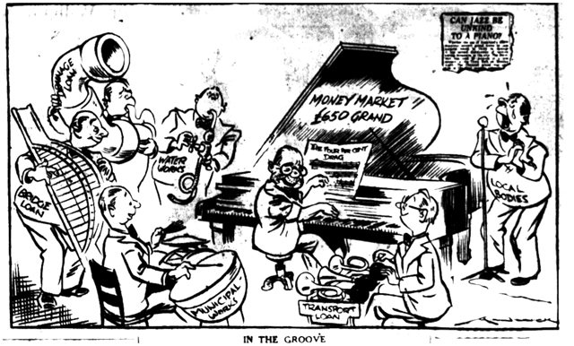 A news comic showing a jazz band with comical expressions
playing instruments labelled with different types of loans