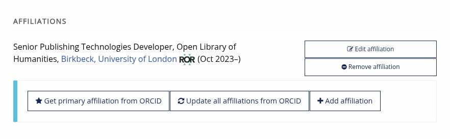 Screenshot of Janeway screen where you can add more affiliations and re-sync with ORCID.