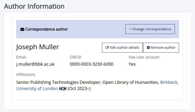 Screenshot of a complete author record with the ROR-linked affiliation