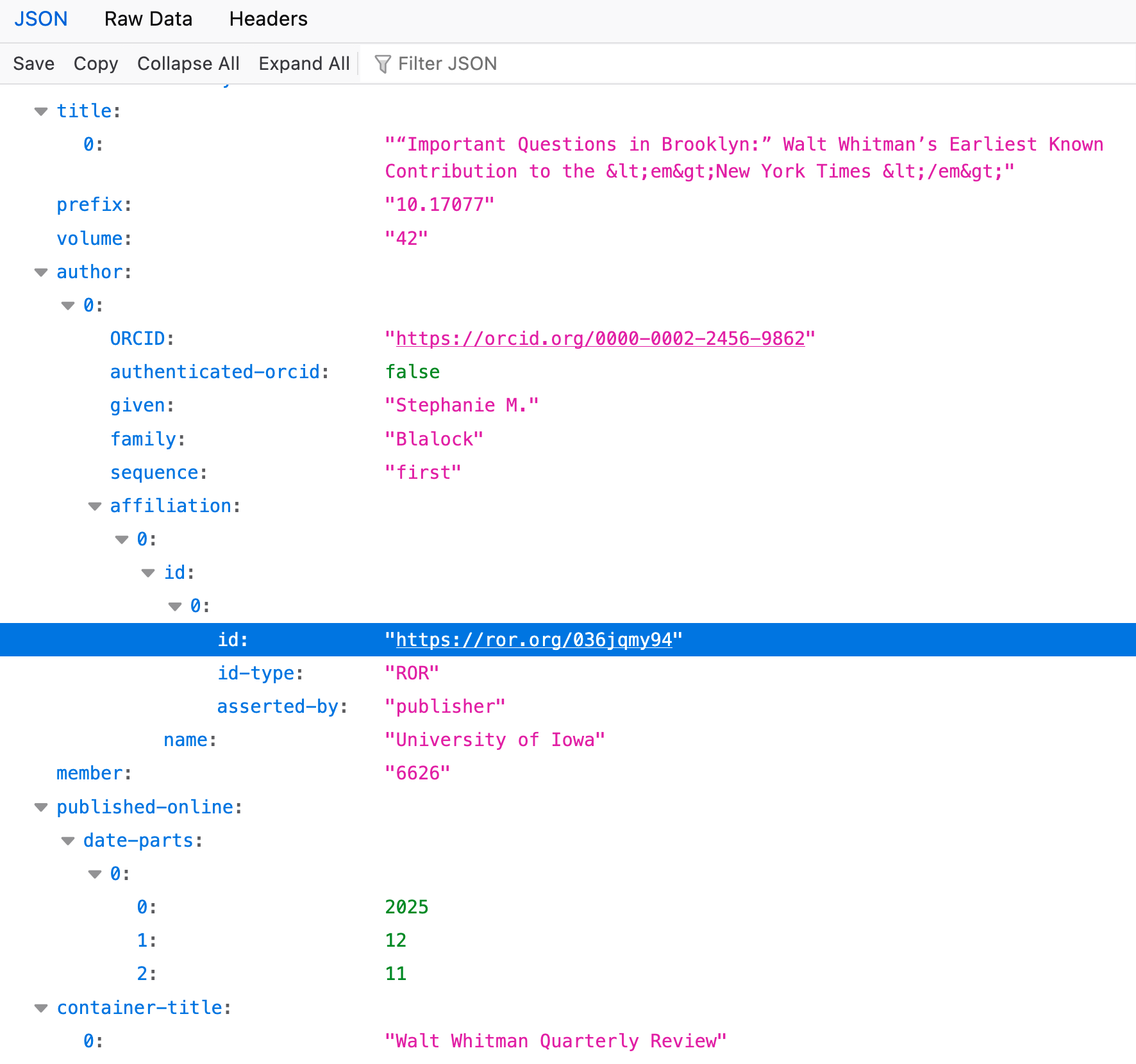 Crossref DOI metadata including ROR ID for an article published with Janeway.