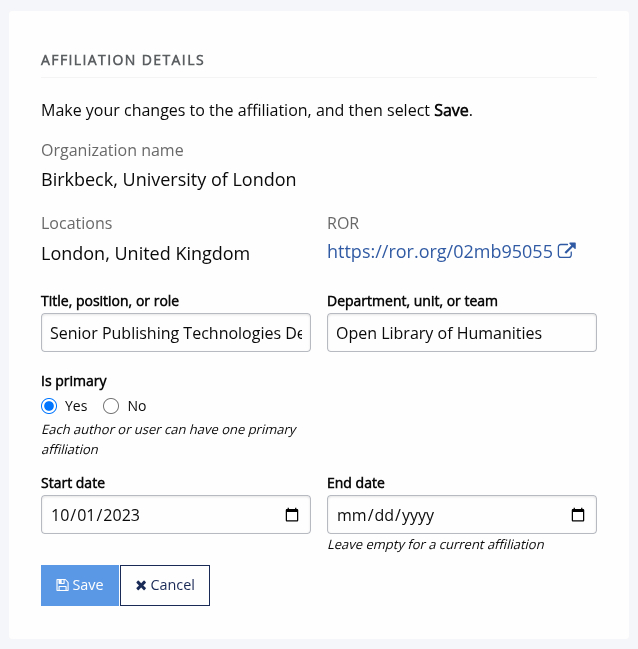 Screenshot of Janeway screen where you can edit affiliation details.