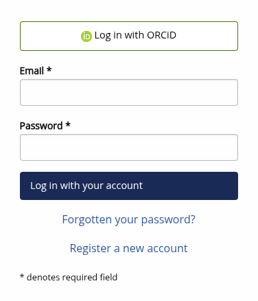 Screenshot of login screen with Register with ORCID option.