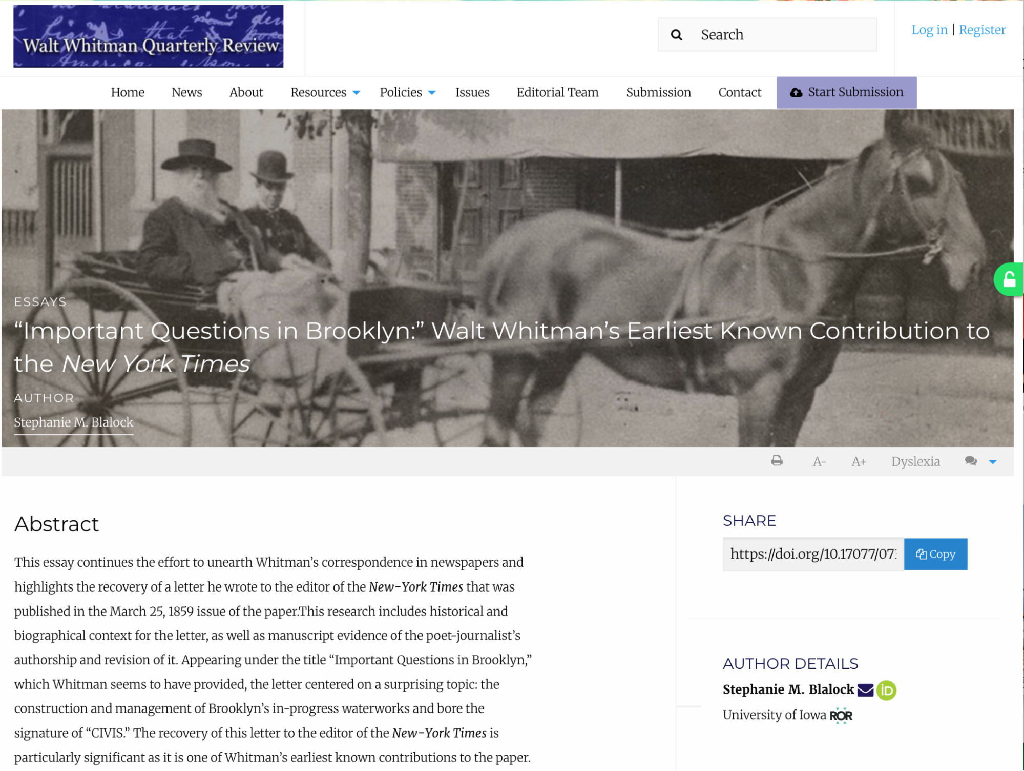 Article landing page on the Janeway platform showing the ROR ID for the author affiliation.