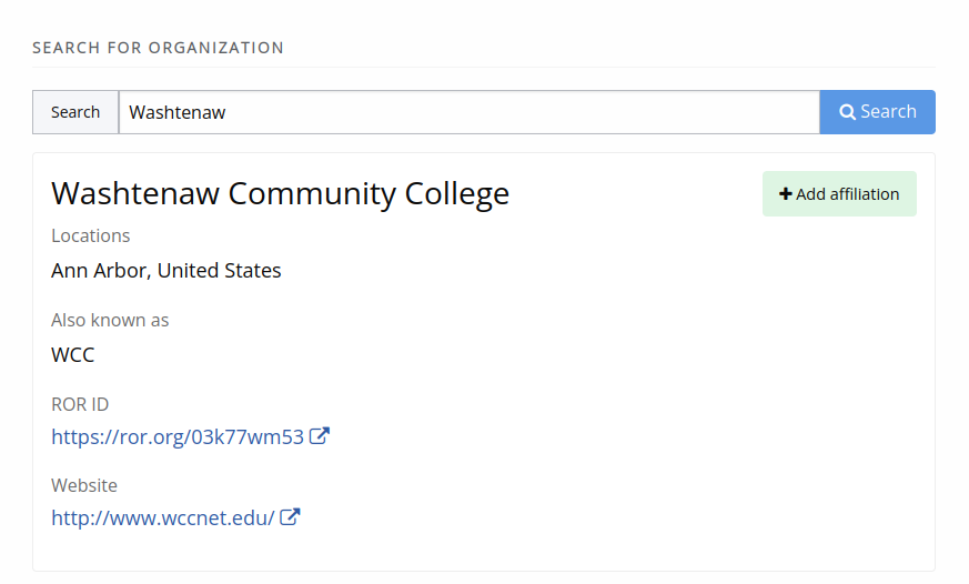 Screenshot of interface where you can search for your affiliation.