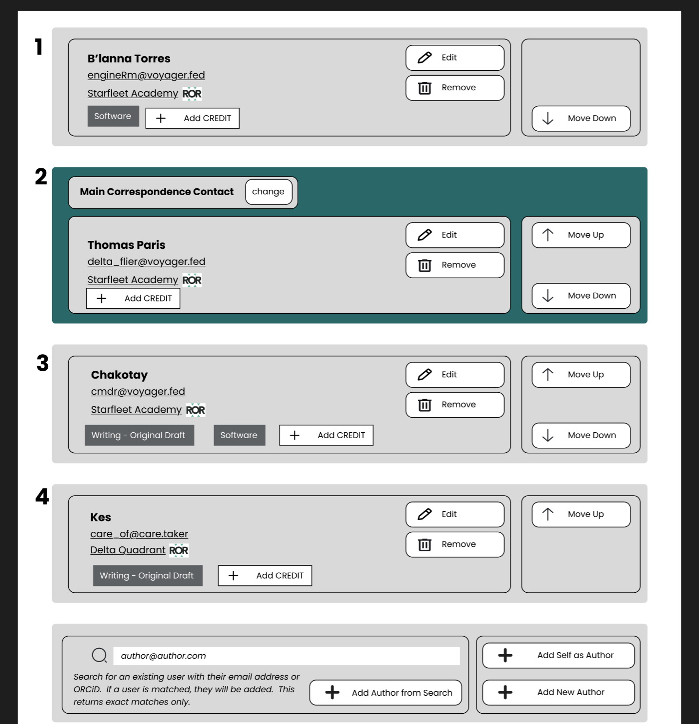 Picture of wireframe from our early design process showing a list of authors and buttons to re-order them.