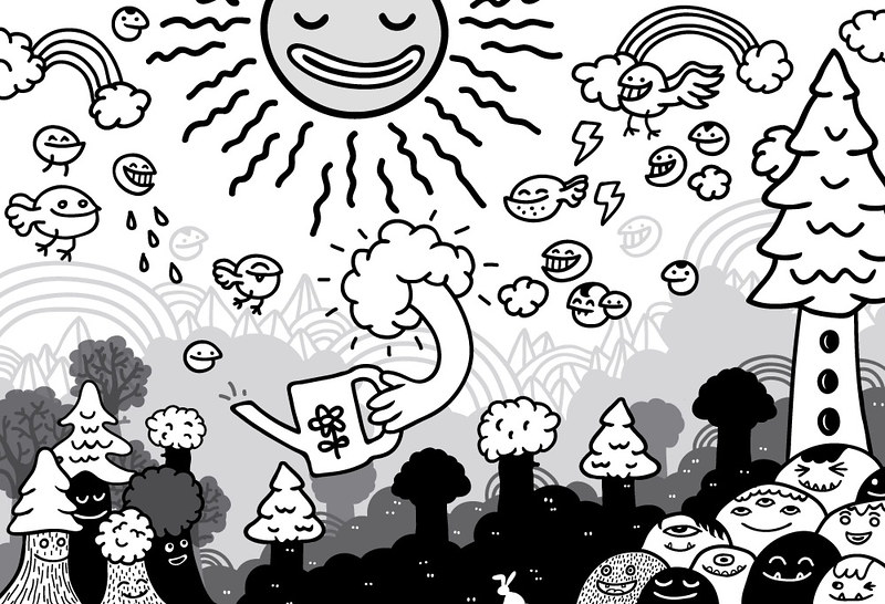 Digital black and white drawing of happy landscape with
                smiling sun, smiling trees, and smiling birds. One fluffy cloud
                has an arm that holds a watering can to water the trees.