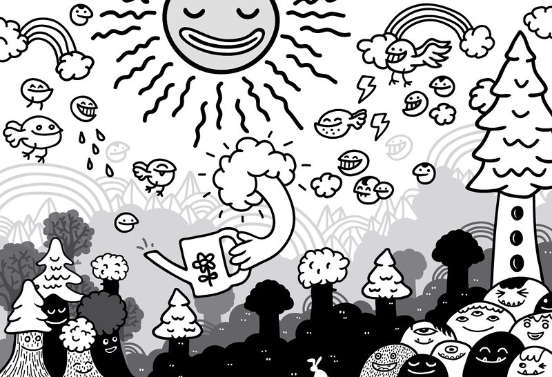 Digital black and white drawing of happy landscape with
smiling sun, smiling trees, and smiling birds. One fluffy cloud
has an arm that holds a watering can to water the trees.