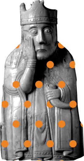 A medieval chess piece made of stone. A frowning man wearing a crown
         and robes rests one hand on his cheek and holds a horn in the other