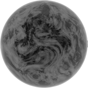 A planet covered in grey swirling clouds