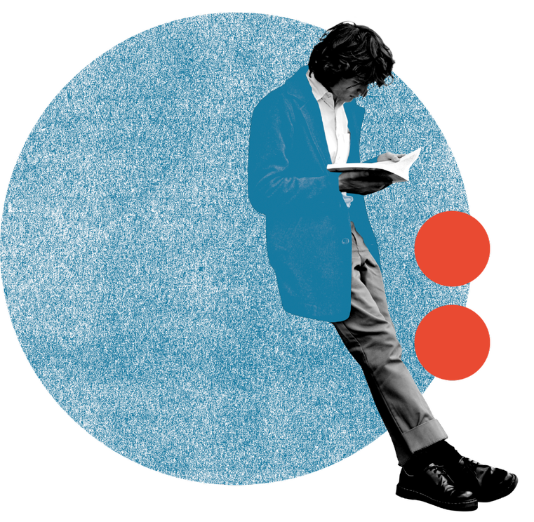 A person leaning against something and reading a book in a collage with circles