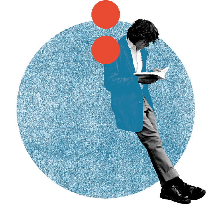 A person leaning against something and reading a book in a collage with circles