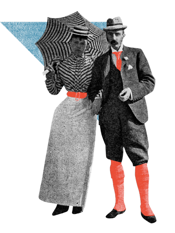 A couple in old-timey dress holding a striped umbrella