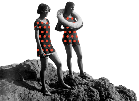 Victorian swimmers standing on a rock holding a life buoy ring