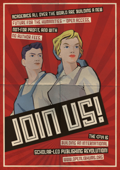 A constructivist-style poster in which workers dressed
as mid-century laborers gaze boldly across banners that
say join us and build a new future and join the
revolution
