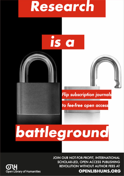 A poster with a padlock closed on the left and open on
                       the right saying research is a battleground in the style
                       of Barbara Kruger's your body is a battleground